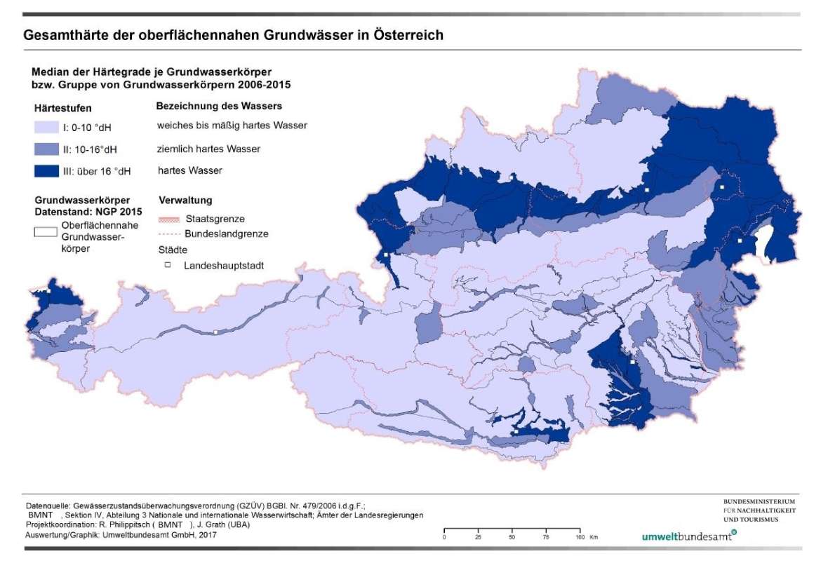 Gesamthärte der oberflächennahen Grundwässer in Österreich