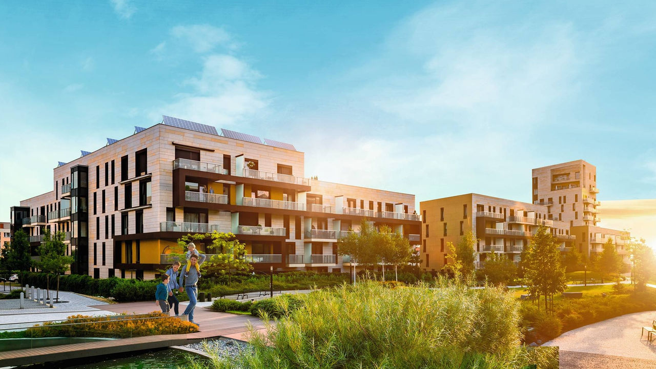 Residential building in the public green park during sunrise; Shutterstock ID 382666645; purchase_order: -; job: -; client: -; other: -