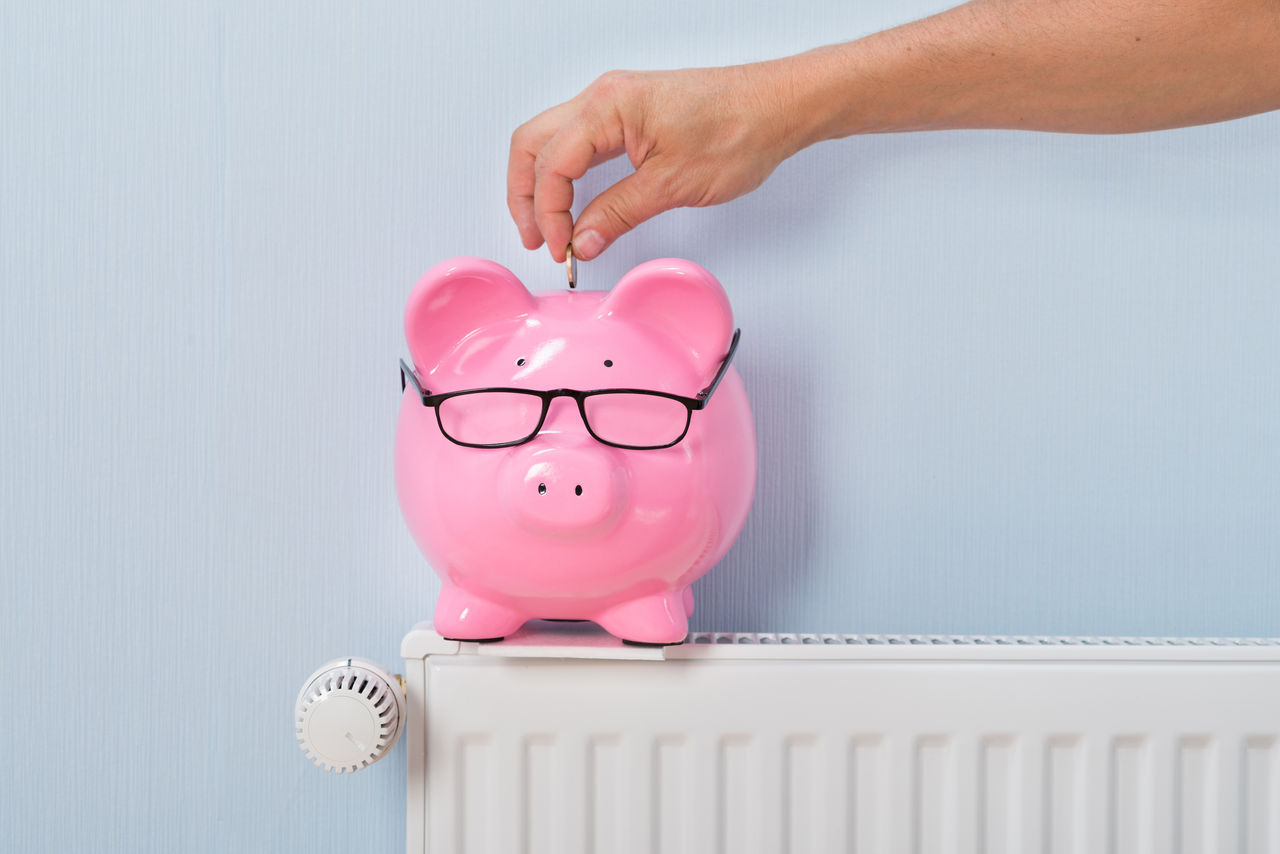 Close-up Of Ma's Inserting Coin In Piggy Bank Kept On Radiator; Shutterstock ID 313424255