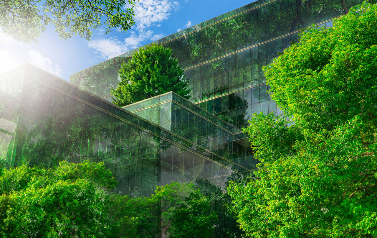 Selective focus on tree and eco friendly building with vertical garden in modern city. Green tree forest on sustainable glass building. Office building with green environment. Go green concept.; Shutterstock ID 1996959128; purchase_order: TES 0000 Lizensierung Motiv grünes Gebäude für I. Jentzsch; job: ; client: Techem / faust & auge; other: 